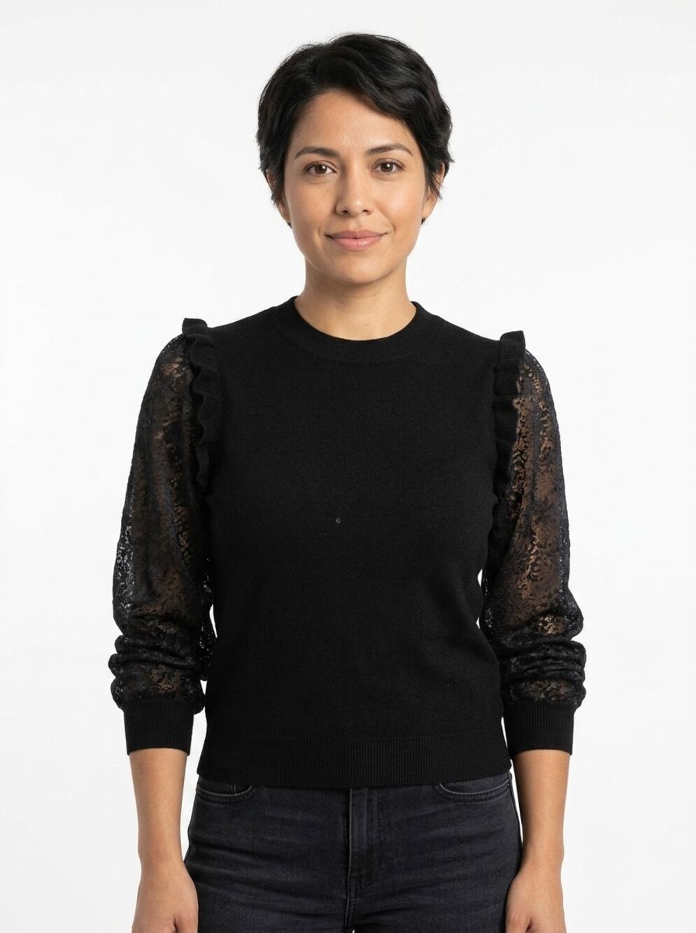 Shop the Mint Com Black Ruffle Crew Neck Lace Knit Sweater Women Size S